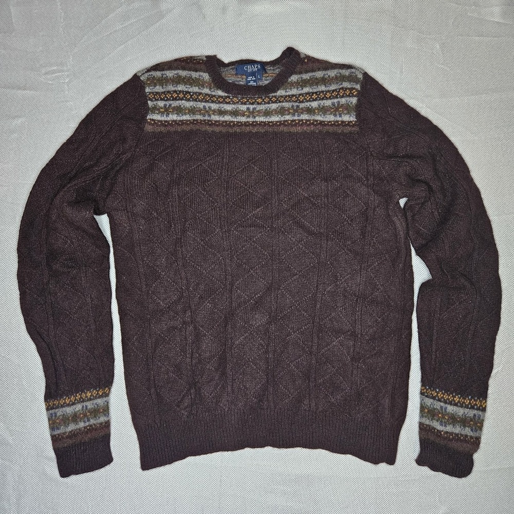 Vintage‎ Chaps Lambswool Fair Isle Cable Knit Sweater Dark Brown Womens Large